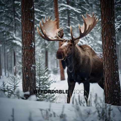A moose with large antlers standing in the snow