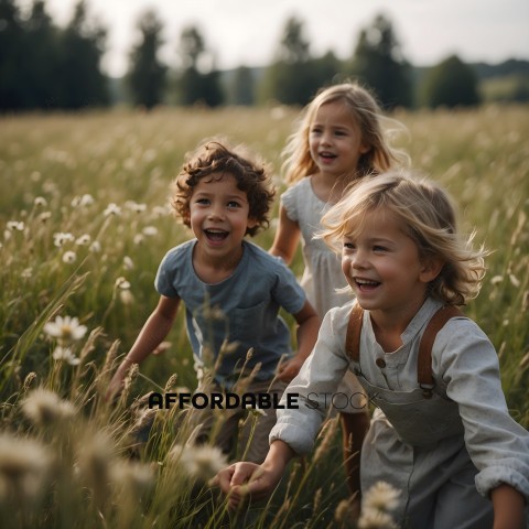 Three children running through a field of flowers