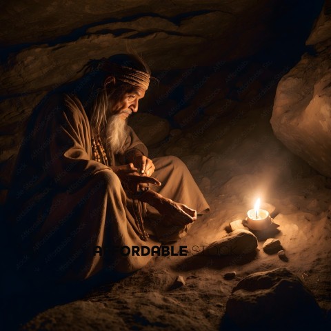 An old man sitting in a cave, looking at a small flame