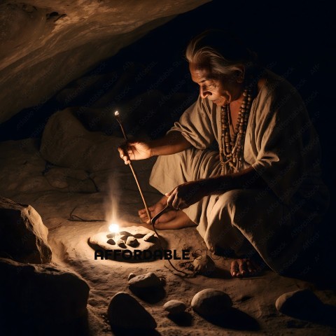 An elderly man in a brown robe is sitting on the ground and looking at a small light