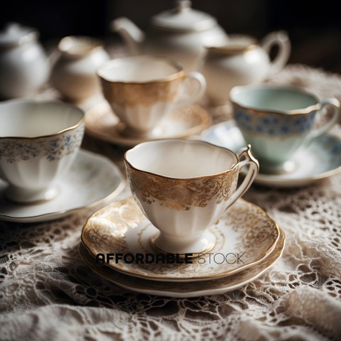 A collection of tea cups and saucers on a lace doily
