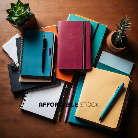 A variety of notebooks and pens on a wooden table