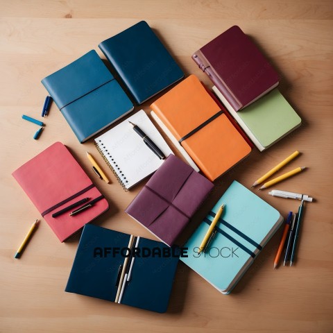 A variety of notebooks and pens on a wooden table