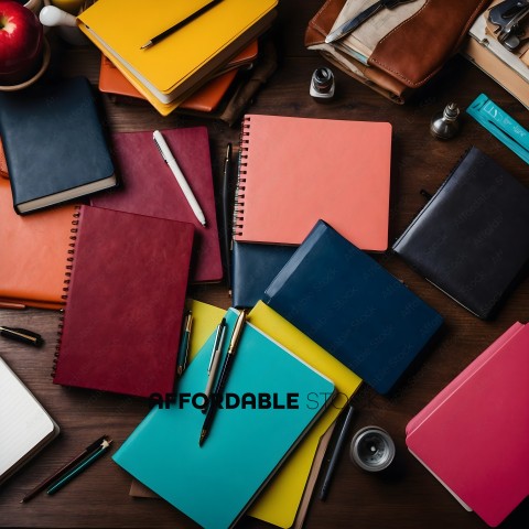 A variety of notebooks and pens on a desk