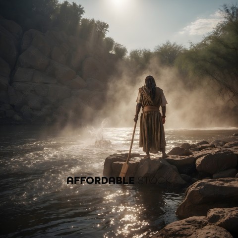 A man stands on rocks in a river with a paddle