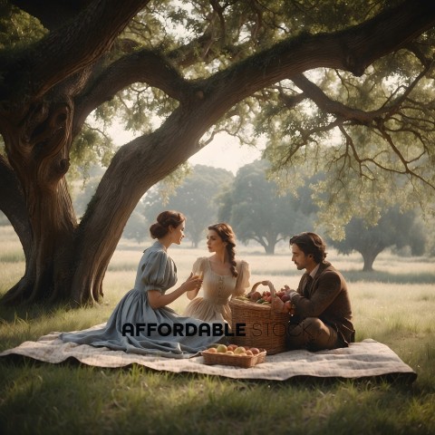 A couple and a friend enjoy a picnic in a park