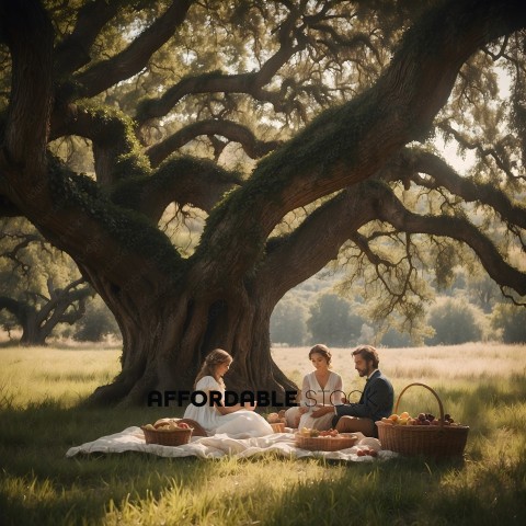 A family of four enjoys a picnic under a large tree