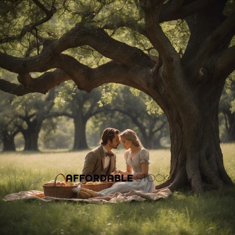 A couple enjoys a picnic under a large tree