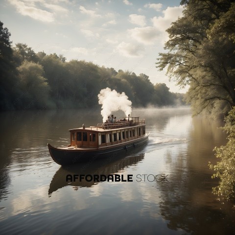 A steamboat on a river with a group of people on it