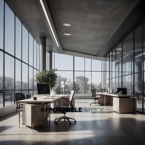 A modern office with a large window and a view of the city