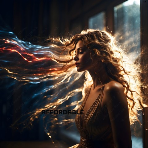 A woman with long hair and a gold dress blowing in the wind