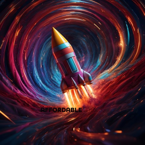 A colorful rocket in a swirling tunnel