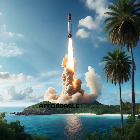 A Rocket Launches Over A Beautiful Island