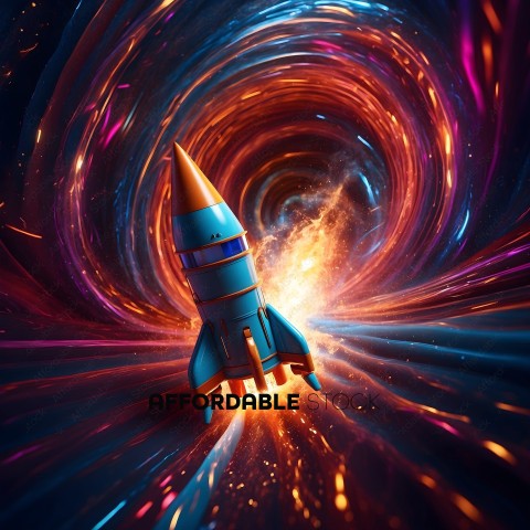 A Blue Rocket Flies Through a Colorful Tunnel