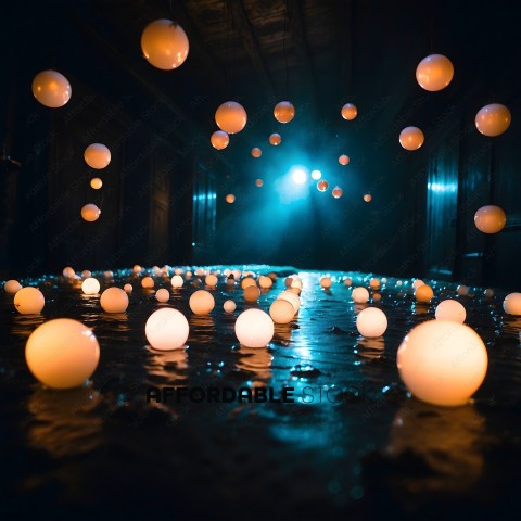 A dark room with many balls of light