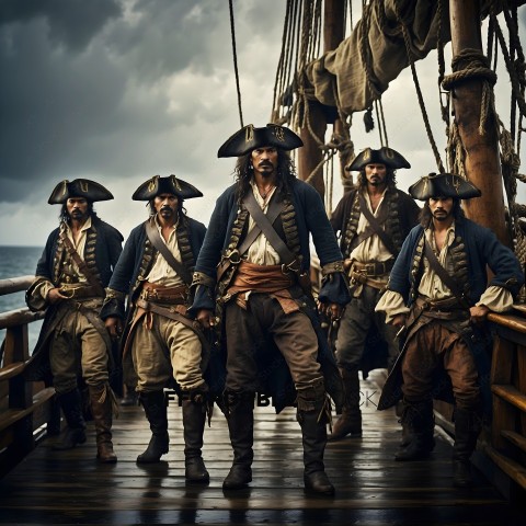 Pirate crew standing on a ship