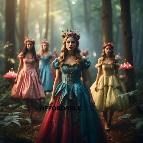 A group of women in costumes walk through a forest