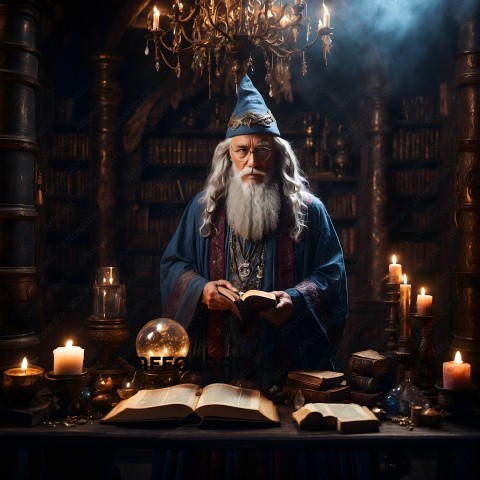 Wizard in a library reading a book