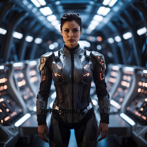 A woman in a futuristic suit stands in a room with many screens