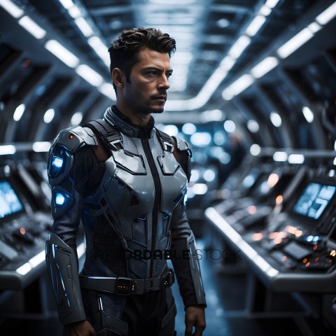A man in a futuristic suit looks into the distance
