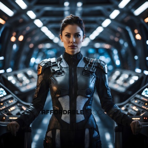 A woman in a futuristic uniform stands in a control room