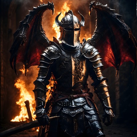 Knight in armor standing in front of fire