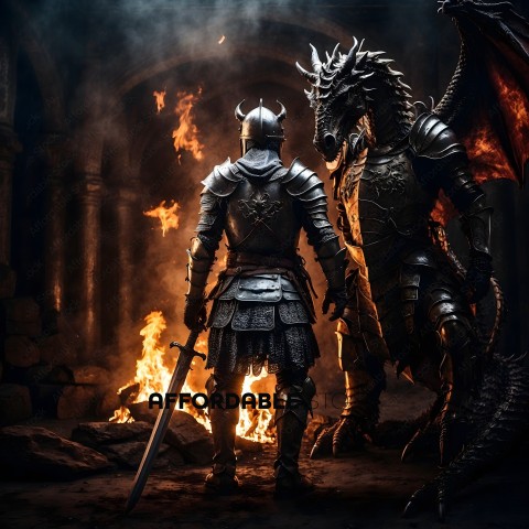 Two knights in armor stand in front of a fire
