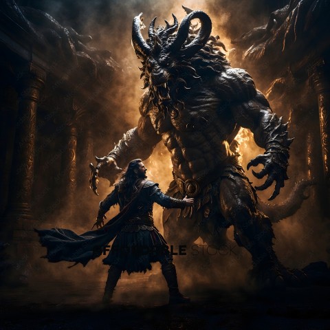 A man in a dark outfit stands in front of a giant monster