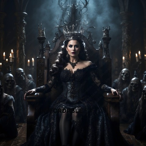 A woman in a black dress and crown sits on a throne