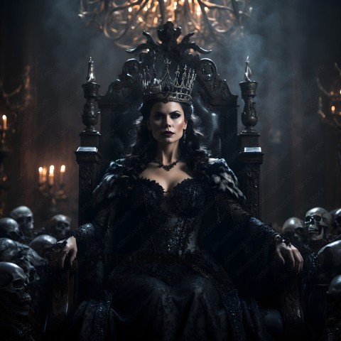 A woman wearing a crown sits in a chair surrounded by skeletons