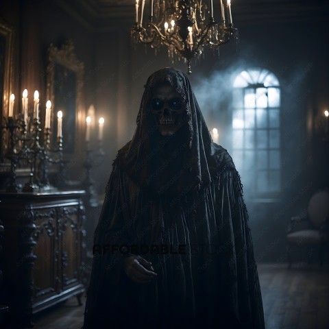 A skeleton in a black robe standing in a dark room