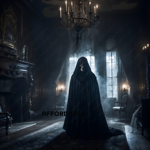 A person in a black cape and skeleton mask stands in a dark room