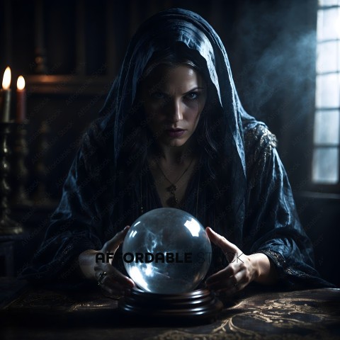 A woman in a dark blue robe holds a crystal ball