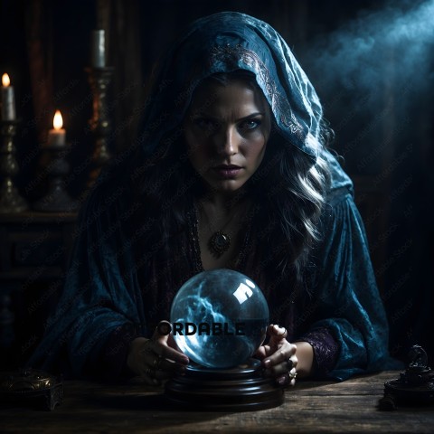 A woman in a blue dress holds a crystal ball