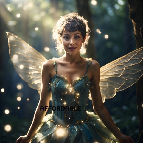 A fairy with a blue dress and wings