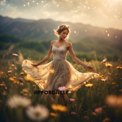 A woman in a flowing dress dances in a field of flowers