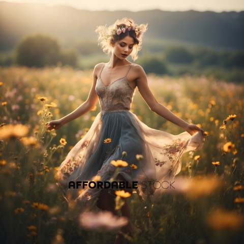 A woman in a flowing dress dances in a field of flowers