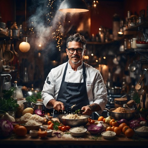 A chef in a kitchen with a table full of food