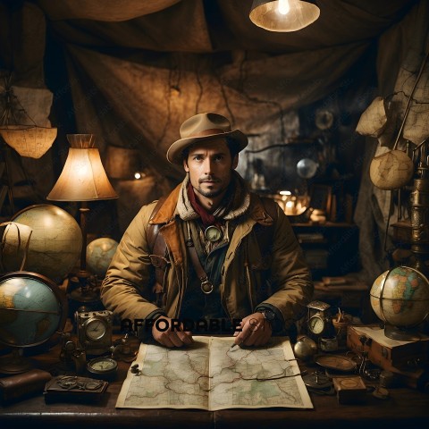 A man in a brown jacket and hat sitting at a desk with a map and various globes