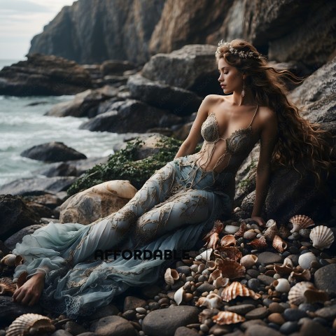 A woman in a blue dress sits on rocks near the ocean