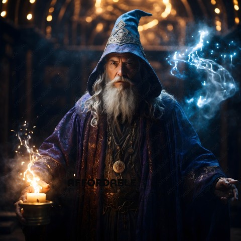 A wizard in a blue robe with a lit candle in his hand