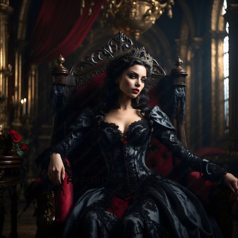 A woman in a black dress and crown sitting in a chair