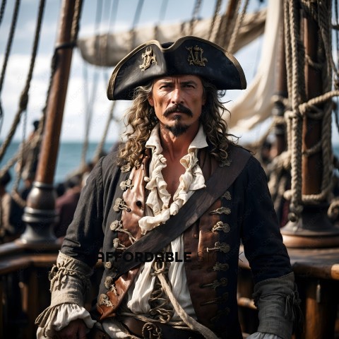 A man dressed in a pirate costume stands on a ship