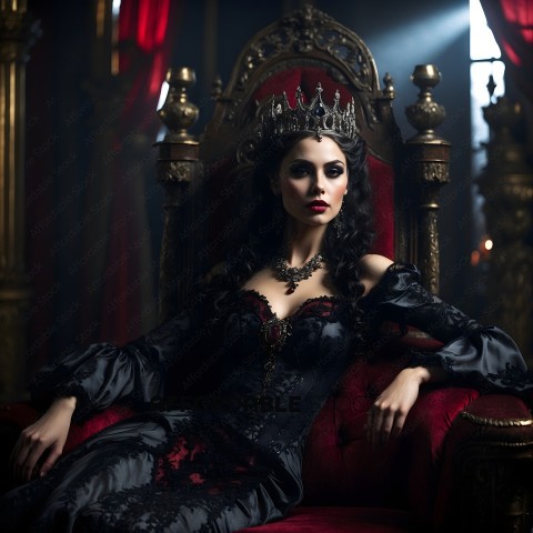 A woman in a black dress and crown sits on a red chair