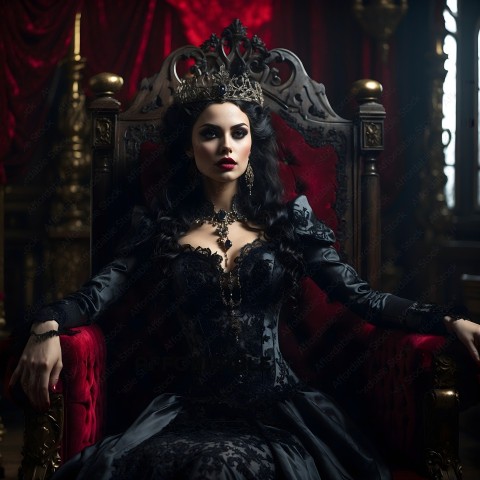 A woman in a black dress and crown sits in a chair