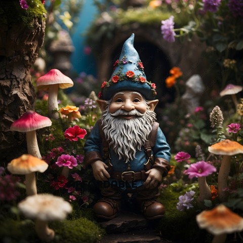 A gnome statue in a garden setting