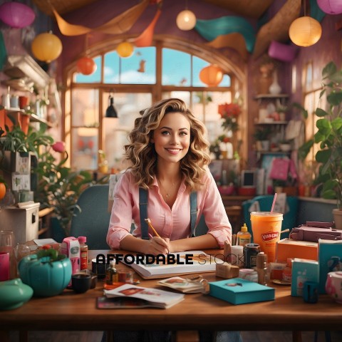 A woman in a pink shirt and suspenders is sitting at a desk with a cup of orange juice