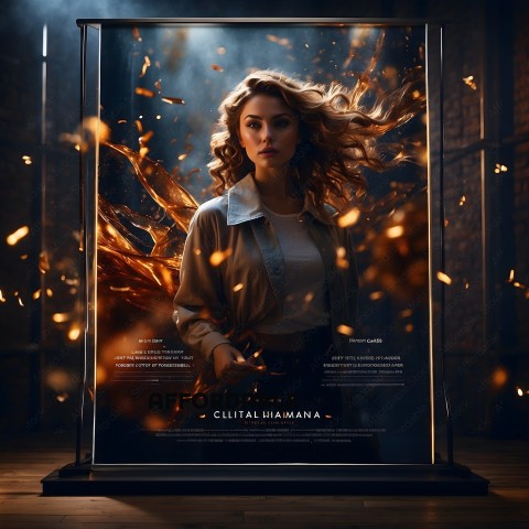 A woman in a poster with fire around her