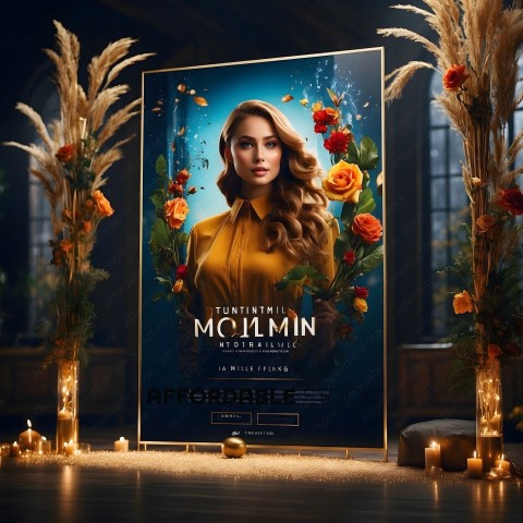A large poster of a woman with flowers