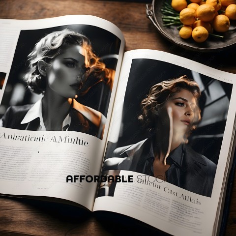 A magazine open to a fashion spread featuring two models